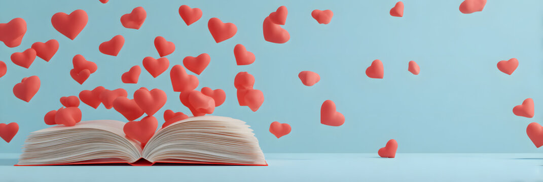 World Book Lovers Day. Horizontal banner. Open book with hearts above the pages. Copy space. Day of knowledge, day of literacy. Back to school, education learning concept. National library Day