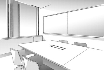 漫画風ペン画イラスト　オフィス街_室内