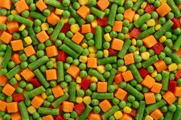 Obraz na płótnie Canvas Aerial perspective of mixed frozen vegetables with textured vegetable background