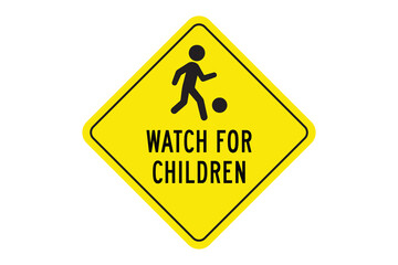 Watch for Children Sign – Yellow Pedestrian Safety Symbol with Child and Ball Silhouette – High Quality Vectorial Stock Image