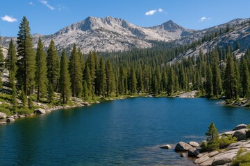 Mountain lake nestled in the rugged Sierra Nevada range close to a central Californian city
