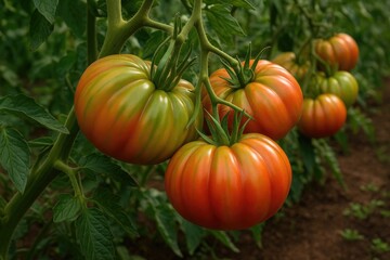 Giant heritage tomatoes maturing on the plant