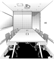 漫画風ペン画イラスト　オフィス街_室内
