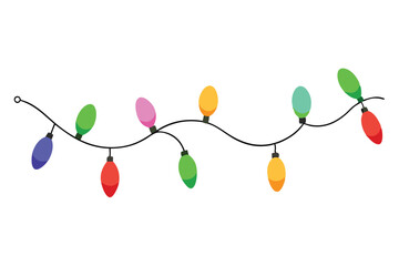 String of Multicolored Cartoon Christmas Lights Decoration on a Black Wire Against White Background
