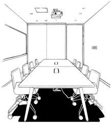 漫画風ペン画イラスト　オフィス街_室内