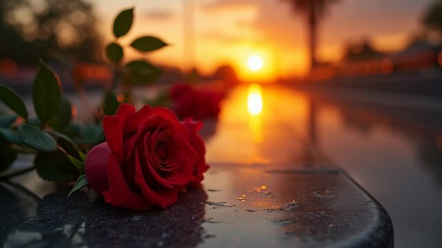 Vietnam veterans memorial with red roses on sunset reflection. Military service is an honor.