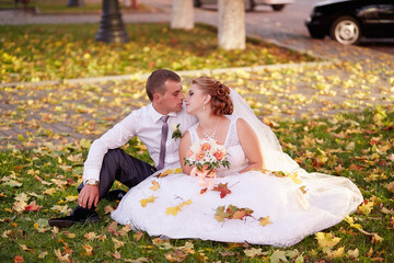 A bride and groom are sitting on the grass, kissing each other