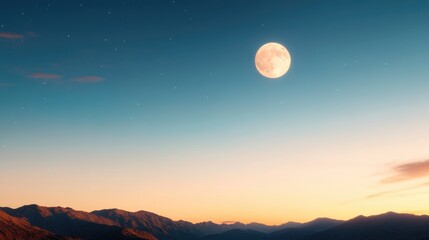 Full moon over mountain ranges at sunset