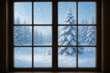 Enchanting winter snowfall seen through glass panes