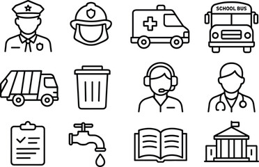 Community Services Vector Set Essential Public Service Icons in Outline Style on Transparent Background