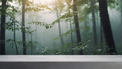 White Shelf Display Against Soft Misty Forest Bokeh Background