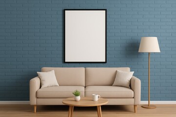 Interior design poster featuring a sleek black frame on a vibrant brick wall backdrop