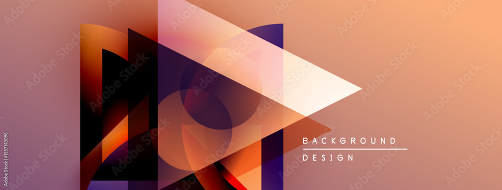 Poster Abstract geometric shapes overlap, creating vibrant gradients. Orange, purple hues dominate design. Minimal text indicates background element.