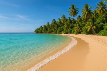 Obraz premium Coastal scenery featuring vibrant blue waters, sandy shoreline, and lush greenery