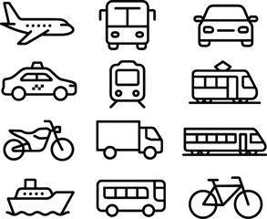 Transportation Icons Set Outline Style Plane Bus Car Taxi Train Motorcycle Truck Boat Bicycle