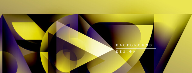 Obraz premium Abstract geometric shapes overlap, creating dynamic yellow, purple gradients. Design features text background design. Minimalist style, modern aesthetic.