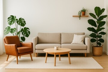 Cozy lounge area featuring a plush armchair, sofa, coffee table, and indoor plants
