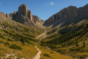 Naklejka premium View of Mugoni's minor mountain cluster's southern peak and Zigolade pass within the Catinaccio Rosengarten massif
