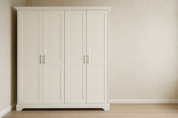 Contemporary white wardrobe paired with a stylish bedroom wall featuring decorative wallpaper