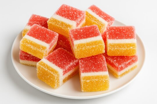 Vibrant assorted marmalade pieces served on a white dish - the dangers of sweetness