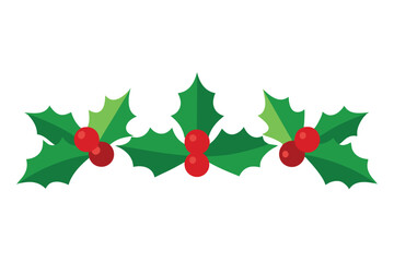 Three Holly Sprigs with Red Berries, Festive Christmas Decoration on White Background
