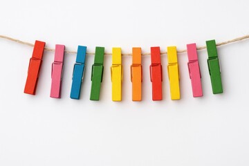 Fototapeta premium Colorful clips hanging on a string against a white backdrop