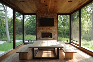 Open-concept screened porch with wood flooring, large windows with clear screens, outdoor fireplace with TV above, brick stone panel walls and ceiling, white oak table with bench seating, sliding glas