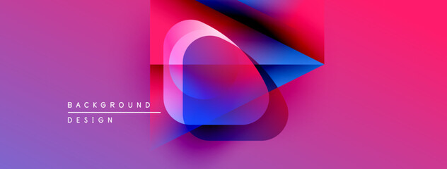 Abstract geometric shapes blend vibrant pinks, blues, purples. Modern design suggests dynamic energy, fluid motion. Background elements create depth.