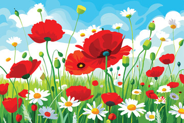 Fototapeta premium Vibrant Field of Red Poppies and White Daisies Against a Blue Sky Backdrop