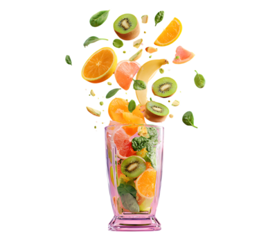 Flying fresh fruits and vegetables, like apple slices, orange peels, kiwi pieces, and spinach leaves, fall into a glass. The concept of healthy eating or a lifestyle for weight loss.