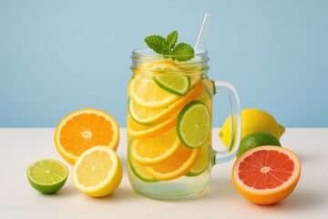 Fototapeta premium Revitalizing citrus-infused detox drink on a soft blue backdrop, perfect for summer refreshment with lemon, lime, orange, and grapefruit flavors