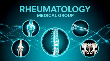 A medical infographic design with a dark teal background featuring the text RHEUMATOLOGY MEDICAL GROUP in large turquoise letters at the top