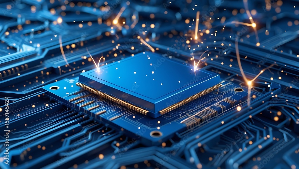 Aufkleber blue microchip on circuit board with sparks and bokeh