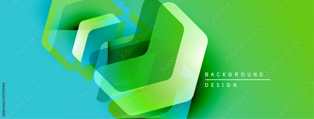 Poster Abstract geometric design. Vibrant green, blue gradients create layered hexagon shapes. Modern background suitable for digital projects.