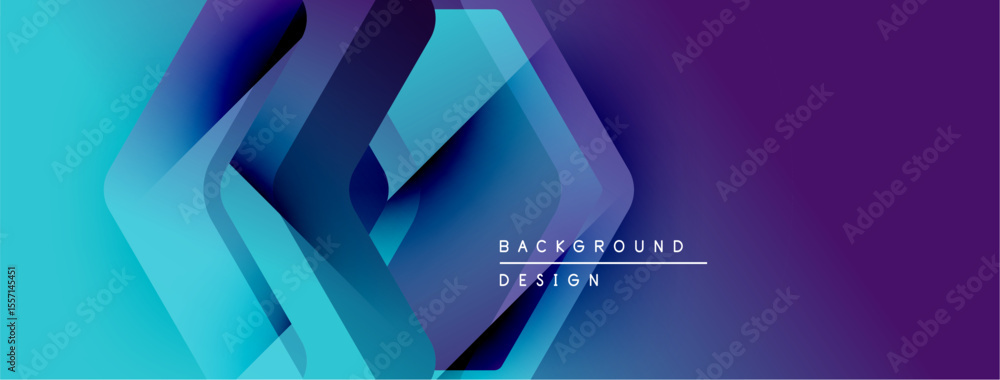 Poster Abstract geometric shapes overlap, creating vibrant blue, purple gradients. Modern design elements suggest dynamic movement, sleek aesthetic.