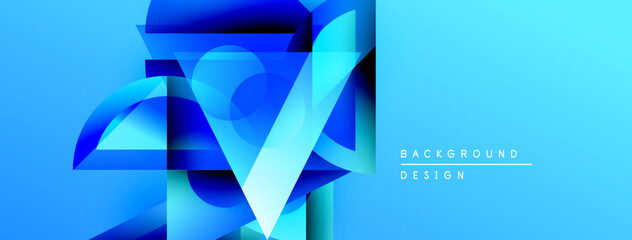 Abstract blue design features layered geometric shapes. Gradient effect creates depth, modern aesthetic. Background suggests digital art, innovation. © antishock