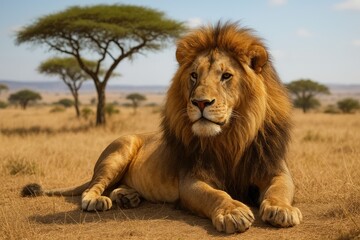 Obraz premium A lion relaxing under the bright sun in the grasslands