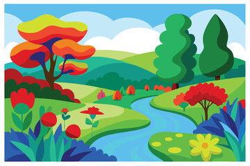 Whimsical Landscape Illustration with Colorful Trees, Flowers, and a Flowing River