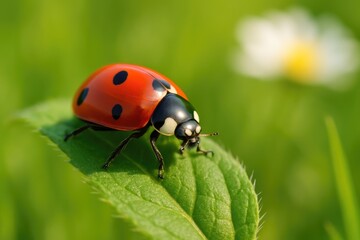Fototapeta premium Close-up of a ladybug resting on a leaf in a natural setting