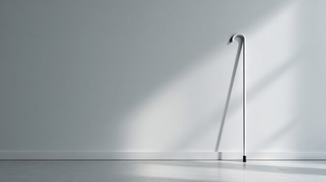 Minimal photo of a sleek silver cane standing alone against a plain wall with long shadow and directional light perfect for healthcare visuals, aging themes and accessibility awareness