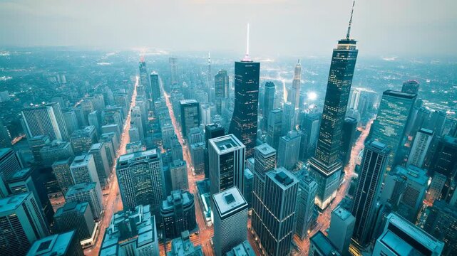 Cinematic aerial footage captures dramatic licopter view skyscrapers bustling business district tiltshift lens effects focusing office buildings illuminated night presented stunning 4K 