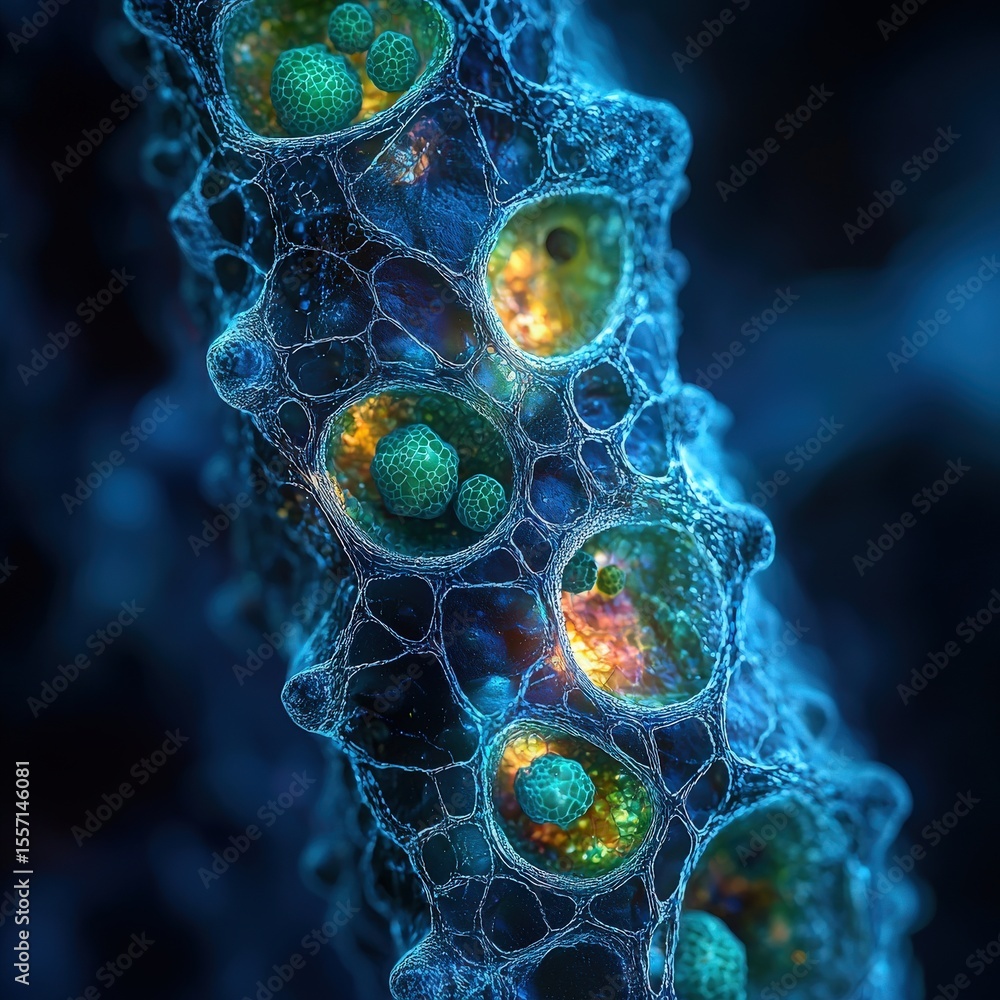 Poster an elongated cell structure with round compartments containing green spheroids all within a blue web