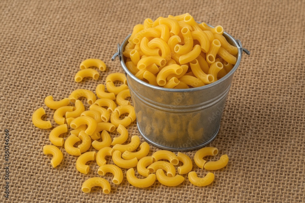 Poster miniature pasta served in a tiny container on a rustic fabric background from an overhead perspectiv