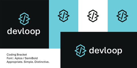 Modern abstract hexagonal logo with coding bracket arrows for tech.