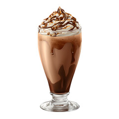 Delicious milkshake in a glass is topped with whipped cream, chocolate syrup, and caramel, presented against a solid transparent background.