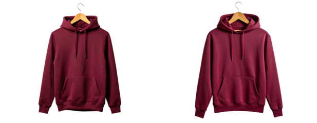 Maroon Hoodie Hanging on Wooden Hanger Against Light Concrete Wall Mockup