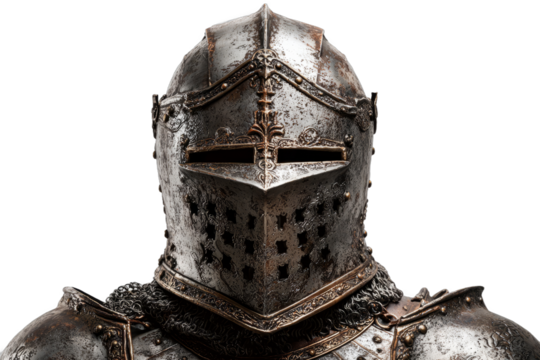 Portrait of medieval Scandinavian or Viking warrior with armor and helmet costume isolated on clear png background, epic fantasy world