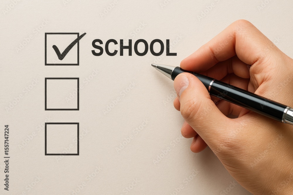 Poster close-up of a hand marking a checkbox with a pen