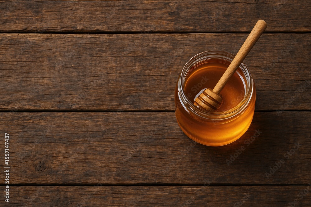 Poster a jar of honey placed on a weathered wooden surface, perfect for a rustic breakfast setting. open ba