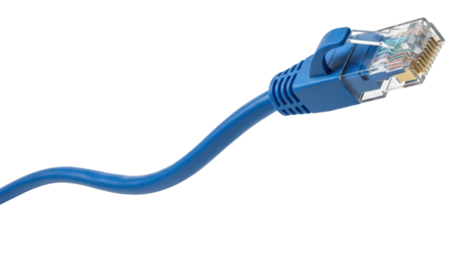 Blue RJ45 Ethernet cable with connector isolated PNG with Transparent Background